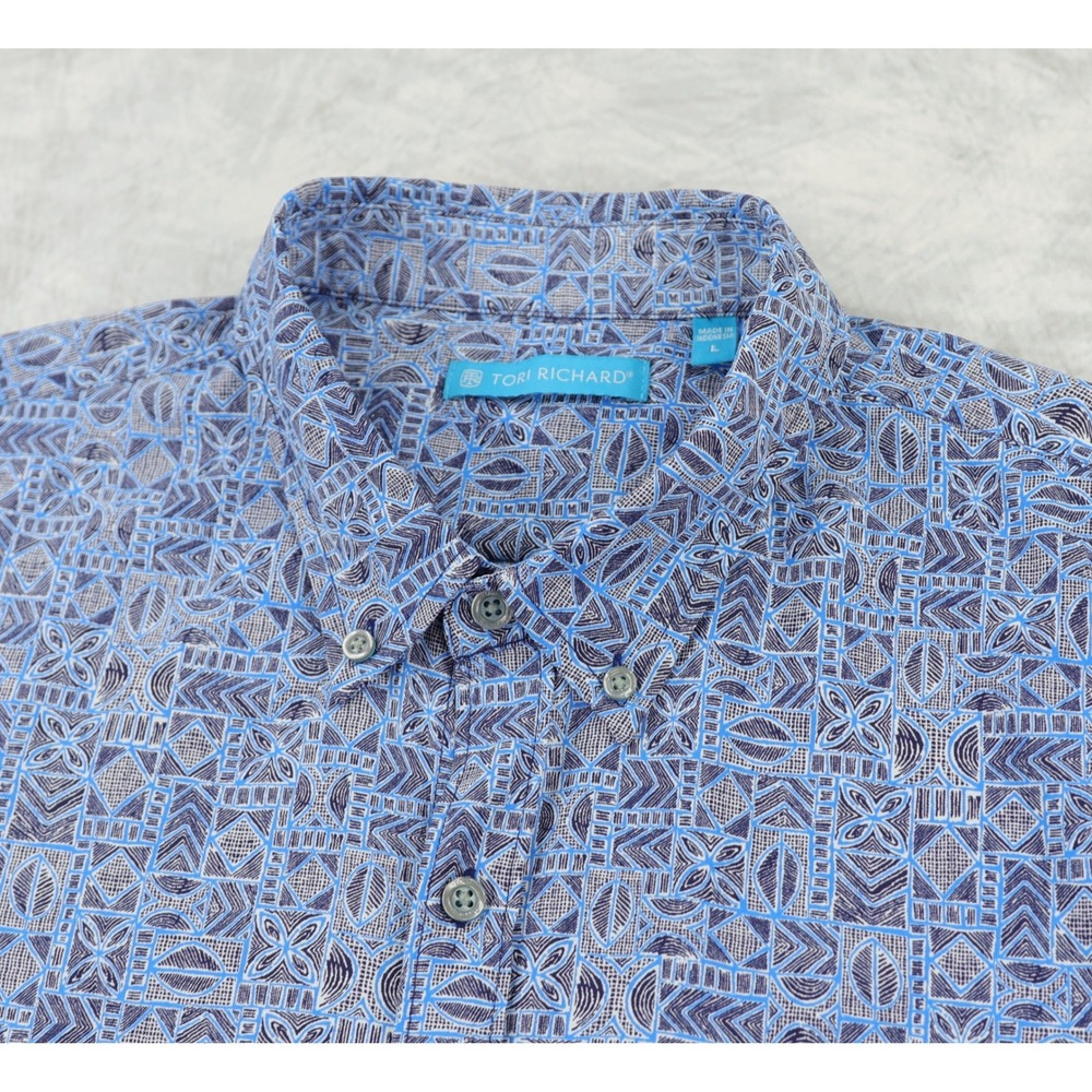 Tori Richard Button Down Shirt Mens Large Blue Geometric Tribal Stretch